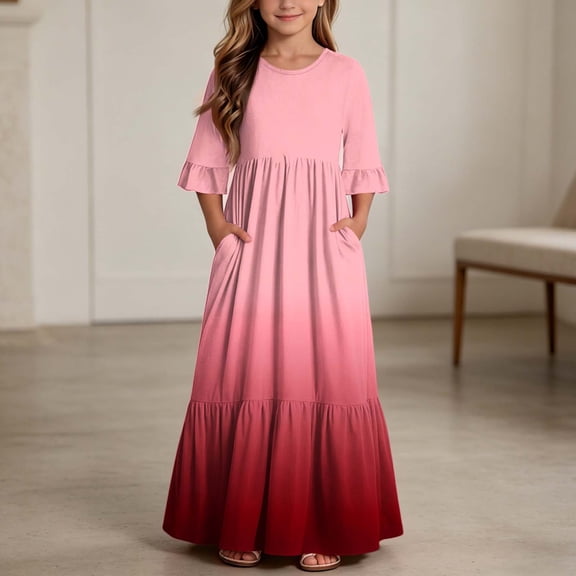 LJEFF Girls Dress with Pocket, 3/4 sleeves Flowy Tiered Skirt Crew Neck Color Gradient Casual Dresses for Kids Watermelon Red Size 6 Years