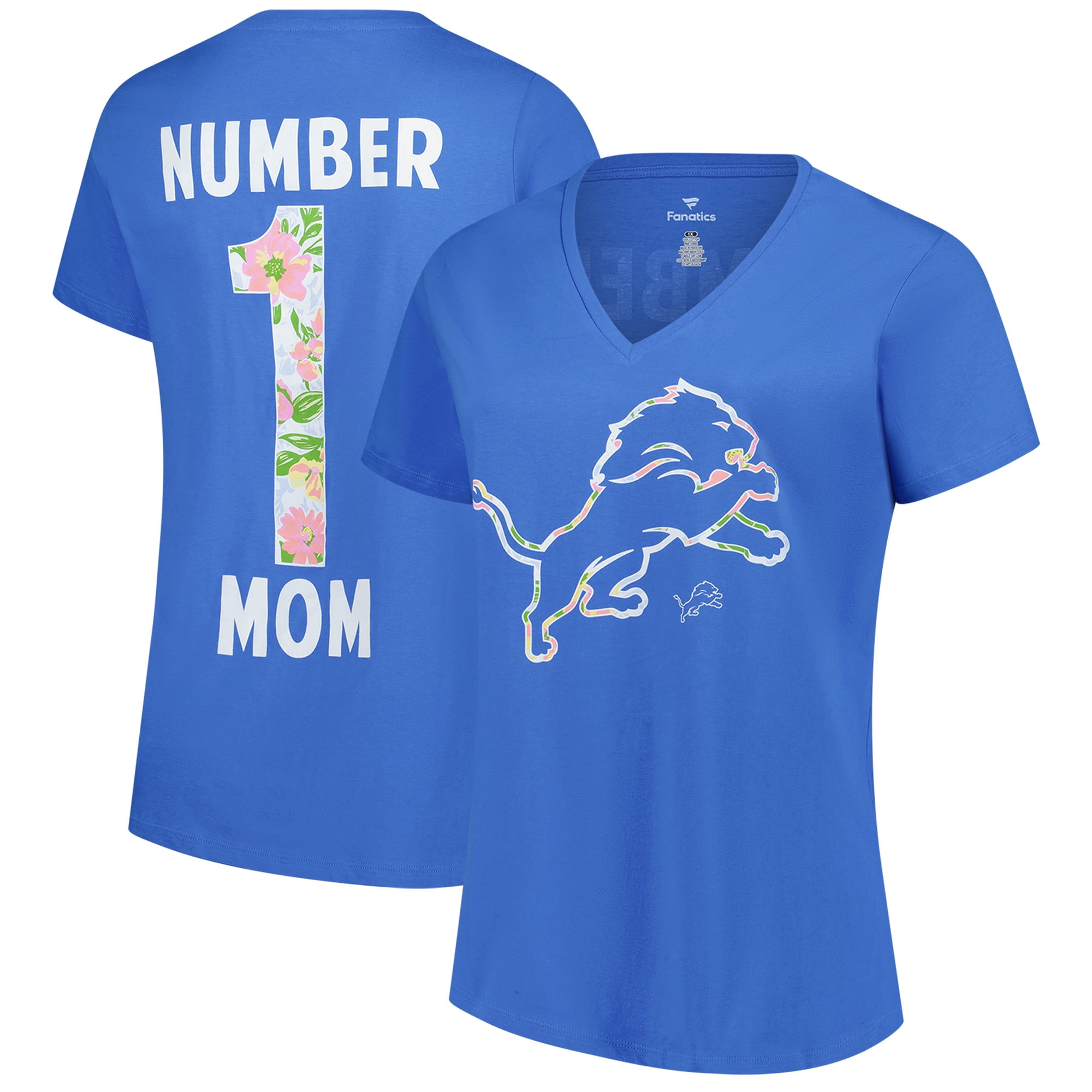 Women's-Fanatics Blue Detroit Lions Plus Size Mother's Day Floral V-Neck T-Shirt
