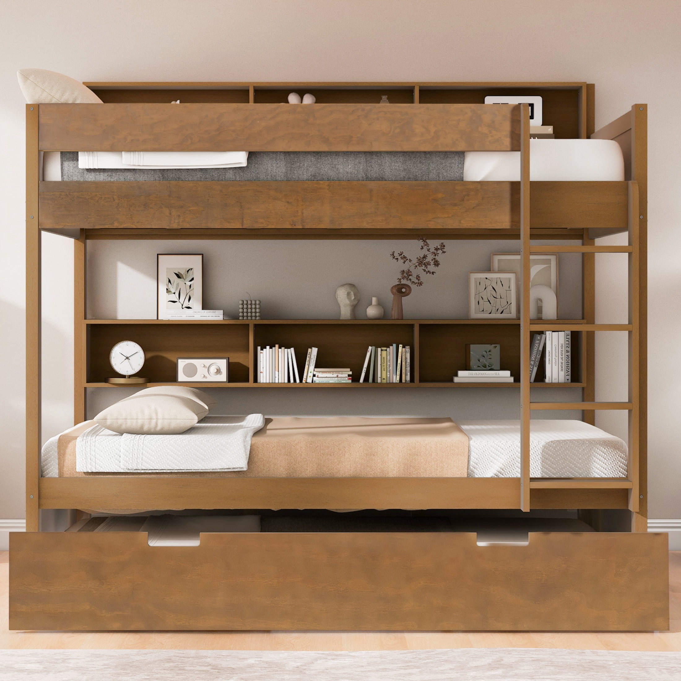 Noble House Erika Full over Full Bunk Bed with Pull-out Trundle and Integrated Storage Shelves, Antique Wood