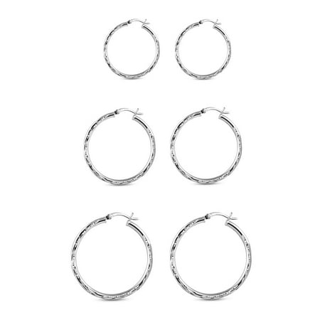 LeCalla 925 Sterling Silver Hypoallergenic Click Top Hoop Earrings for Sensitive Ears, Set of 3 Pairs (15mm, 21mm, 25mm)