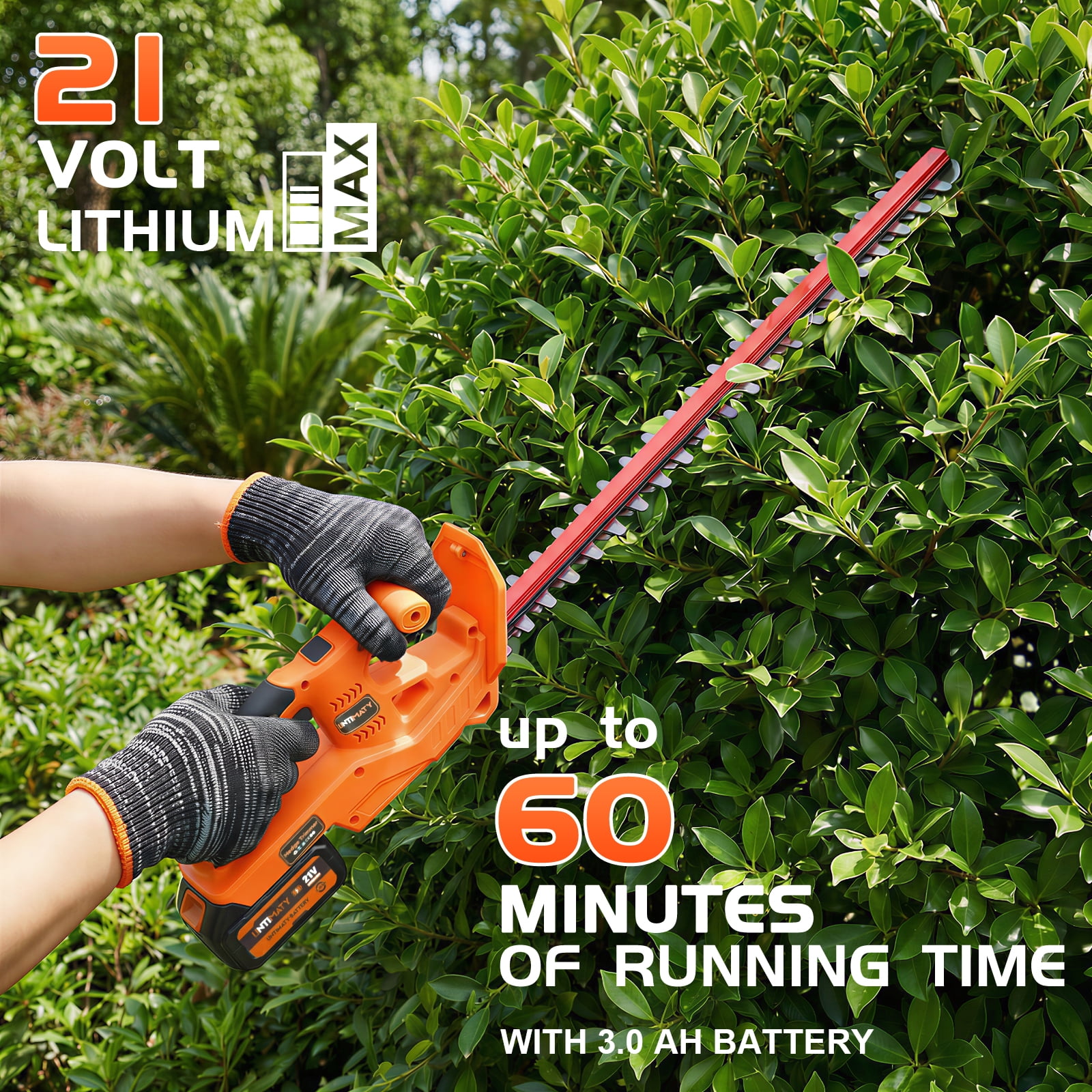 21V Cordless Hedge Trimmer with 21" Dual-Action Blade, UNTIMATY Electric Hedge Cutter with 3.0Ah Battery and Fast Charger for Garden, Shrub, Grass and Lawn, Orange