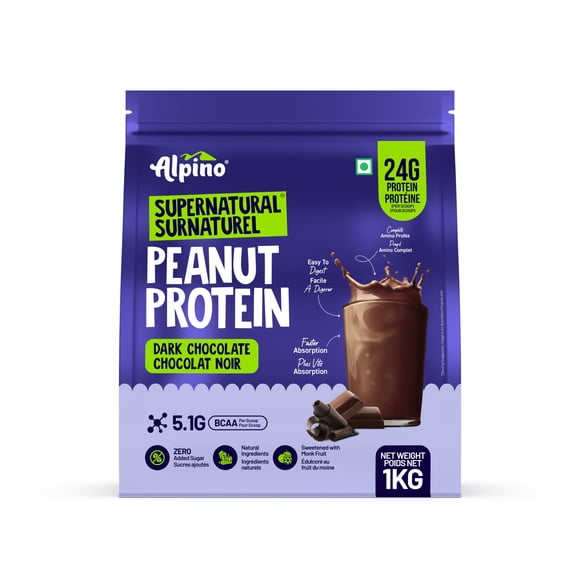 Alpino Poudre de Protéine d'Arachide Surnaturelle Chocolat Noir 1 kg – Arachides Rôties, Poudre de Cacao - 24 g de Protéines, 5,1 g de BCAA, Sans Sucre Ajouté