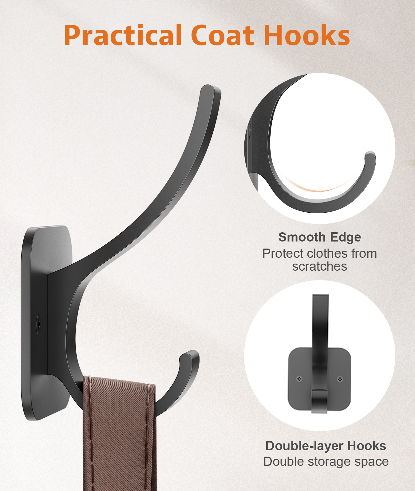 Optish Heavy Duty Coat Hooks, Black, 6-Pack photo 3