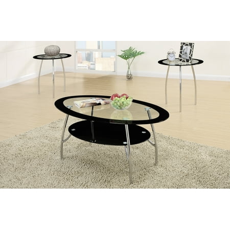 Scrolled Edge Glass Top Table - Oval Black Edge Glass Top 3 Pieces Coffee End Table Set