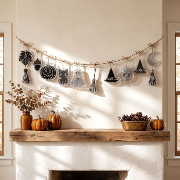Clearance Halloween Hanging Decor Garland, Pumpkin Ghost Black Cat Witch Hat Decorations with Jute Rope, Spooky Party Mantel Door Window Wall Decoration