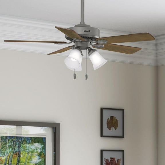 Restored Hunter Fan 44 inch Matte Silver Indoor Ceiling Fan with Light and Pull Chain for Bedroom, Living Room, Office, Basement, Kitchen (Refurbished)