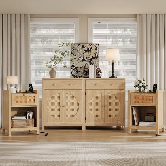 Holliwil 4 Pieces Farmhouse Bedroom Set, Rattan Nightstand Set of 2 and 2 pcs Storage Cabinet, Natural Oak