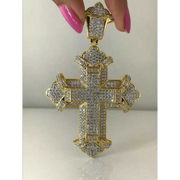 3Ct Round Cut Moissanite Men's Cross Pendant 14K Yellow Gold Plated