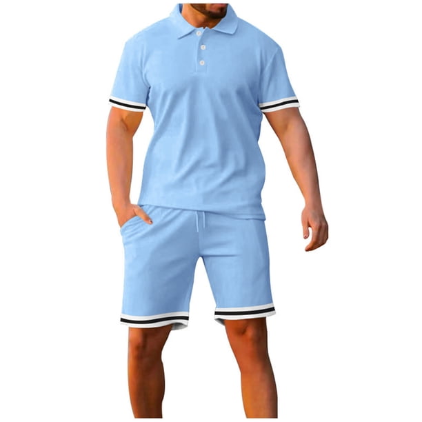Conjunto Corto de Hombres, Moda Casual Color Sólido Manga Corta Cordón de Solapa Elástico Conjunto de Cintura