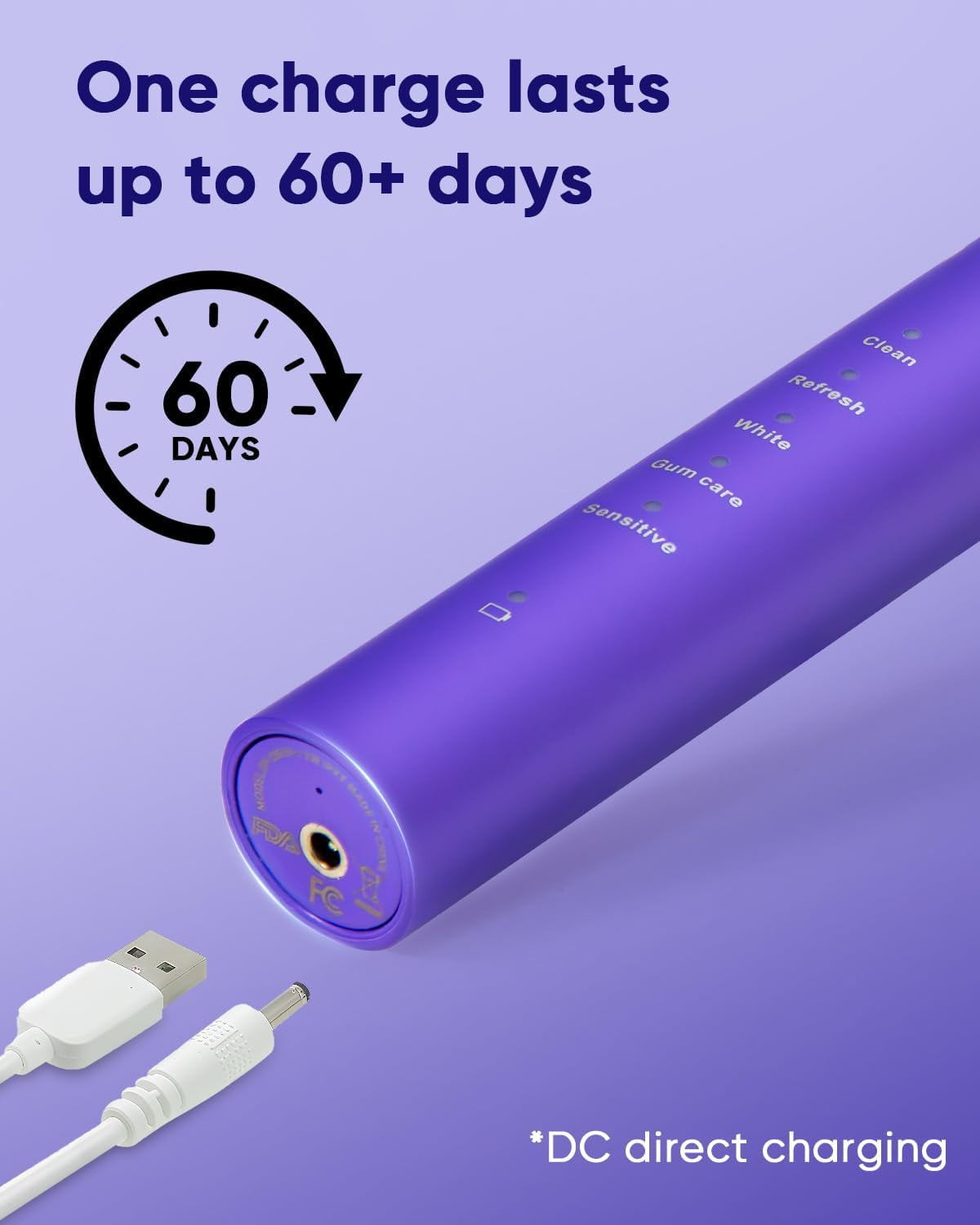 MySmile DY156 Sonic Electric Toothbrush for Adults, 45000 VPM Powered Toothbrush Rechargeable, IPX7 Waterproof, 5 Modes, 2 Mins Smart Timer, 60 Day Battery Life, 3 Tooth Brush Heads, Violet