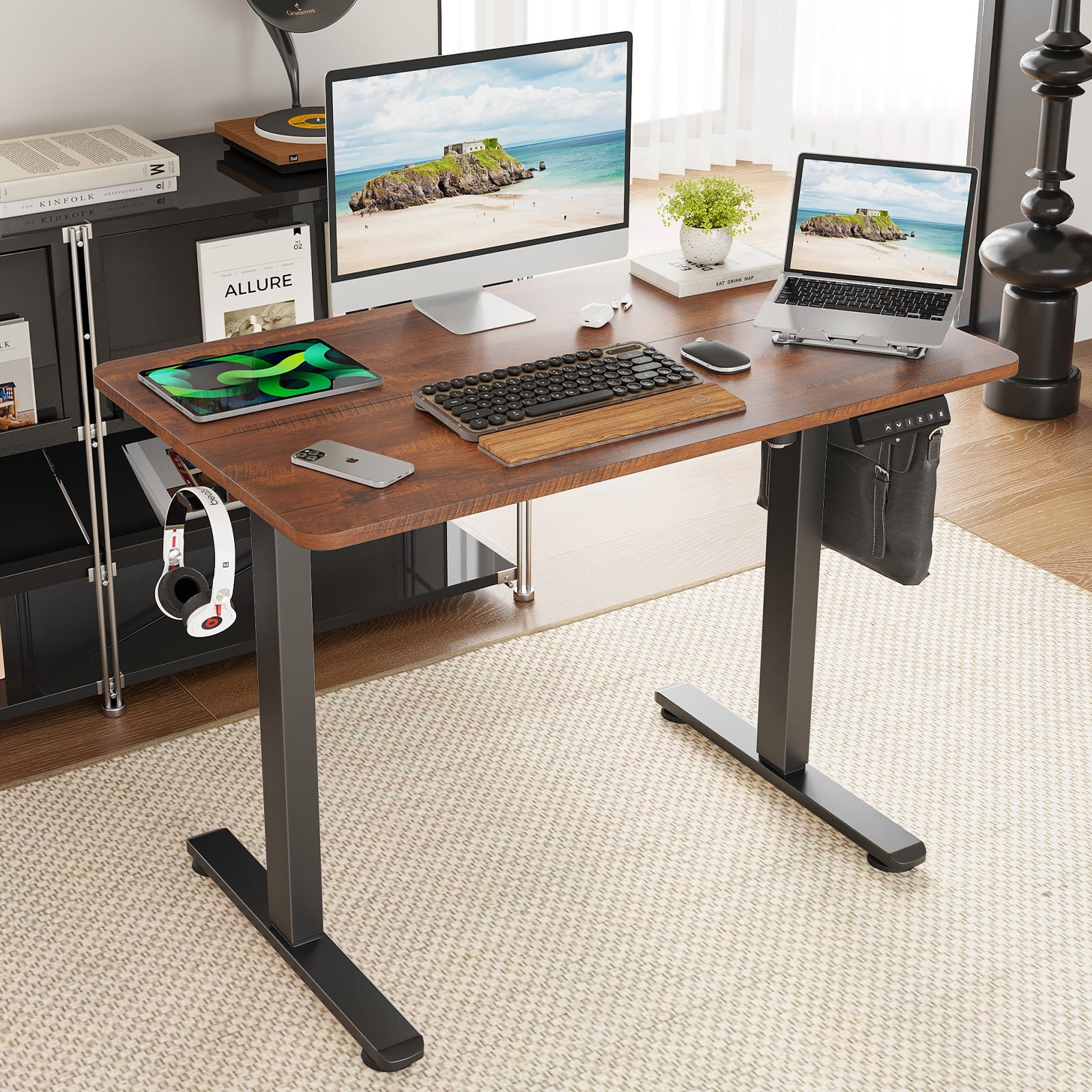 HiiKaa Electric Standing Desk,Adjustable Height Stand up Desk,40x24in Sit Stand Home Office Desk with Splice Board,Brown