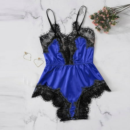 Xysaqa Women Lingerie  One-Piece Silk Babydolls Bodysuit  Satin Lace Trim Deep V Neck Body Suit  Women s Teddy Nightwear