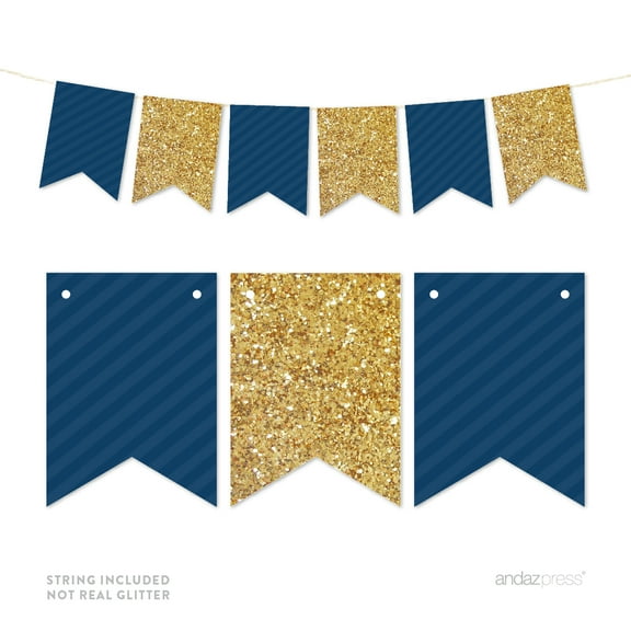 Navy Blue Gold Glitter Pennant Party Banner