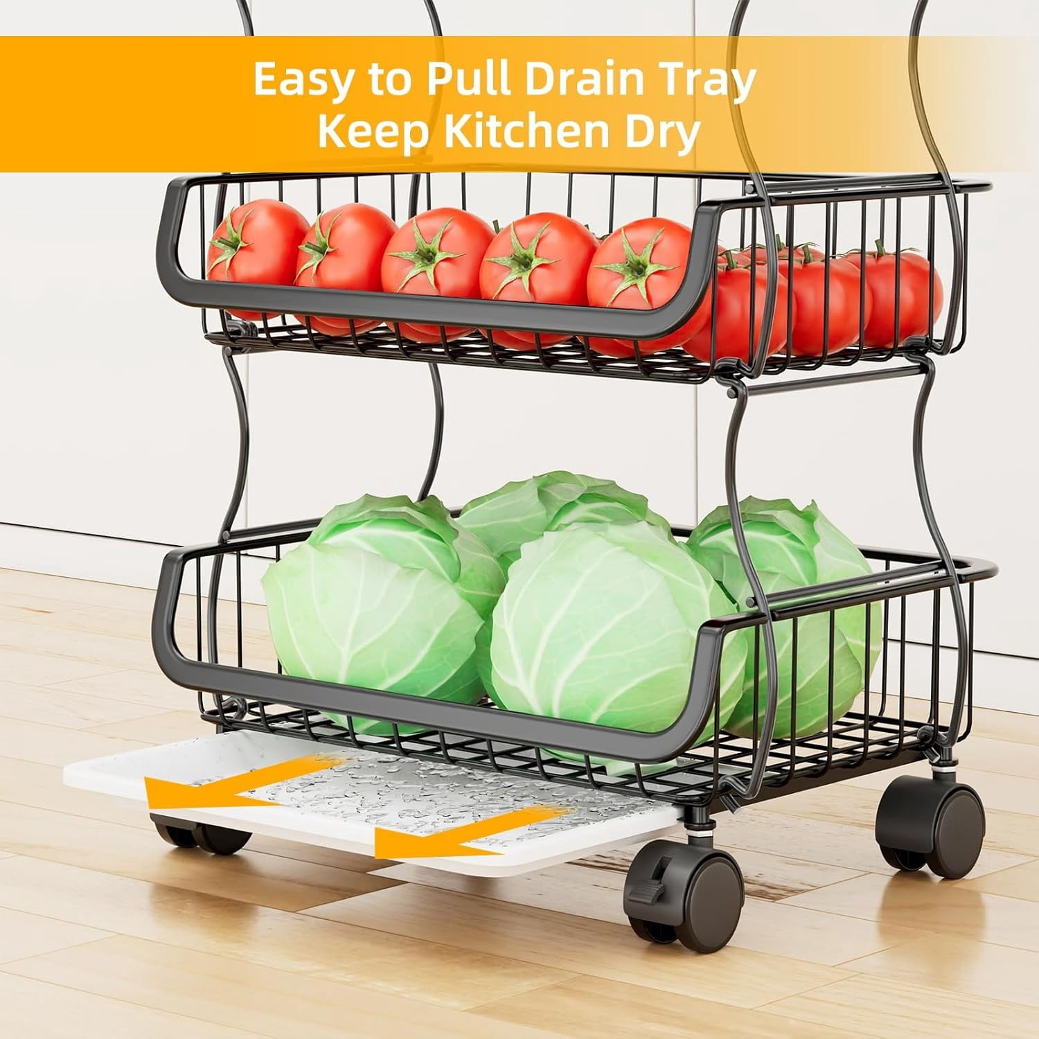 6 Tier Rolling Cart, Stackable Fruit Vegetable Basket with Wheels and 2 Hanging Basket, Kitchen Storage Metal Wire Basket Stand for Vegetable Bread Snacks, Black