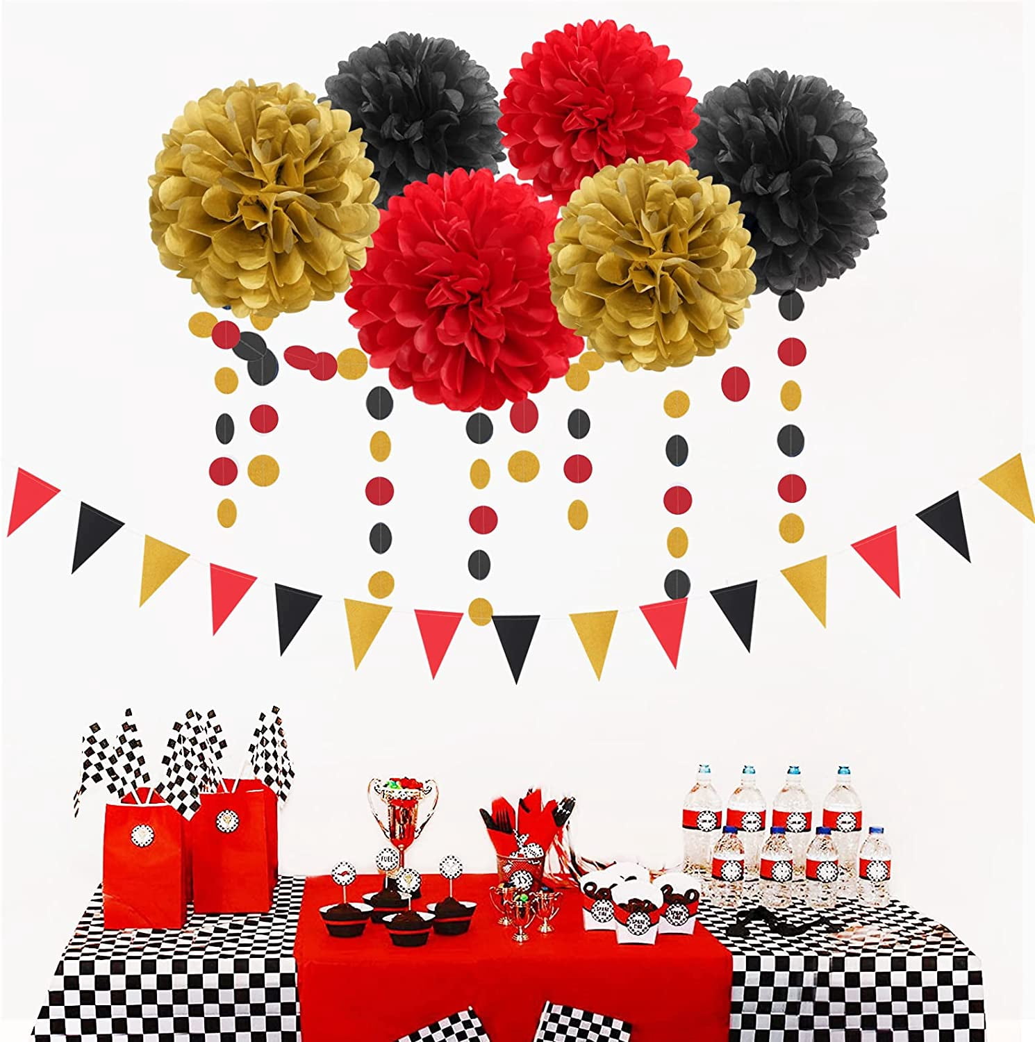 Red-Black Gold Casino-Theme Graduation Party-Decorations - 23pcs Kits Game Night Streamer Tissue Paper Pom Poms,Tassel Garland Banner,Birthday Wedding Baby Bridal Shower Decor