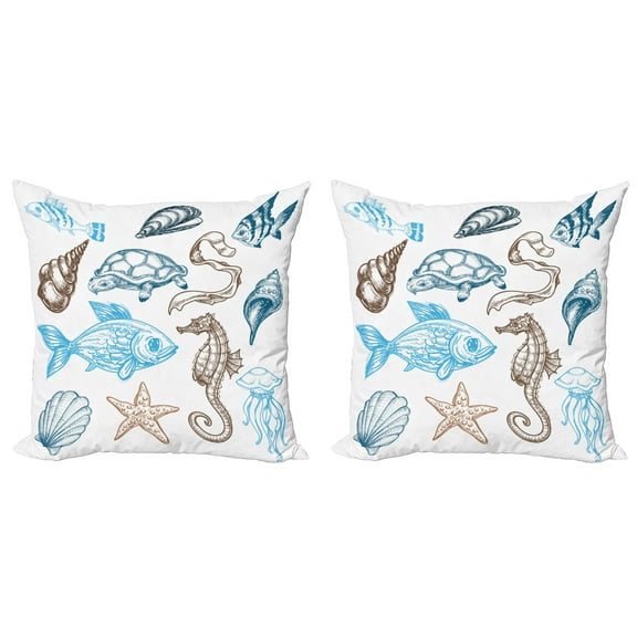 Ambesonne Hipster Throw Pillow Cover 2 Pack, Underwater Marine Life, 18", Dark Blue Cocoa