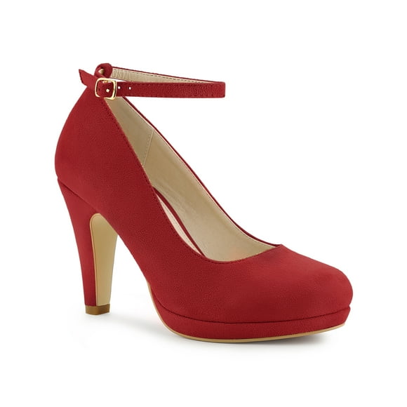 BLISSFUL STEP Women Round Toe Stiletto Heel Ankle Strap Pumps Red 8
