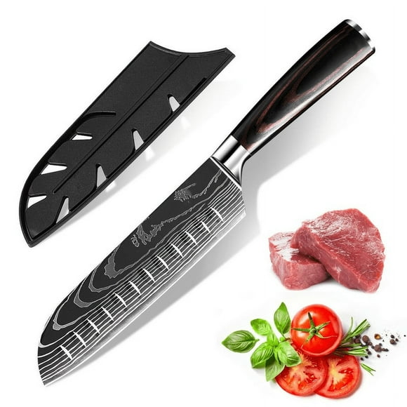 Couteau Santoku--Couteau de Cuisine de 7 Pouces, Couteau de Chef en Acier Inoxydable à Haute Teneur en Carbone, Couteau de Hachage Multifonction Super Tranchant pour Viande Légume Fruit avec Poignée
