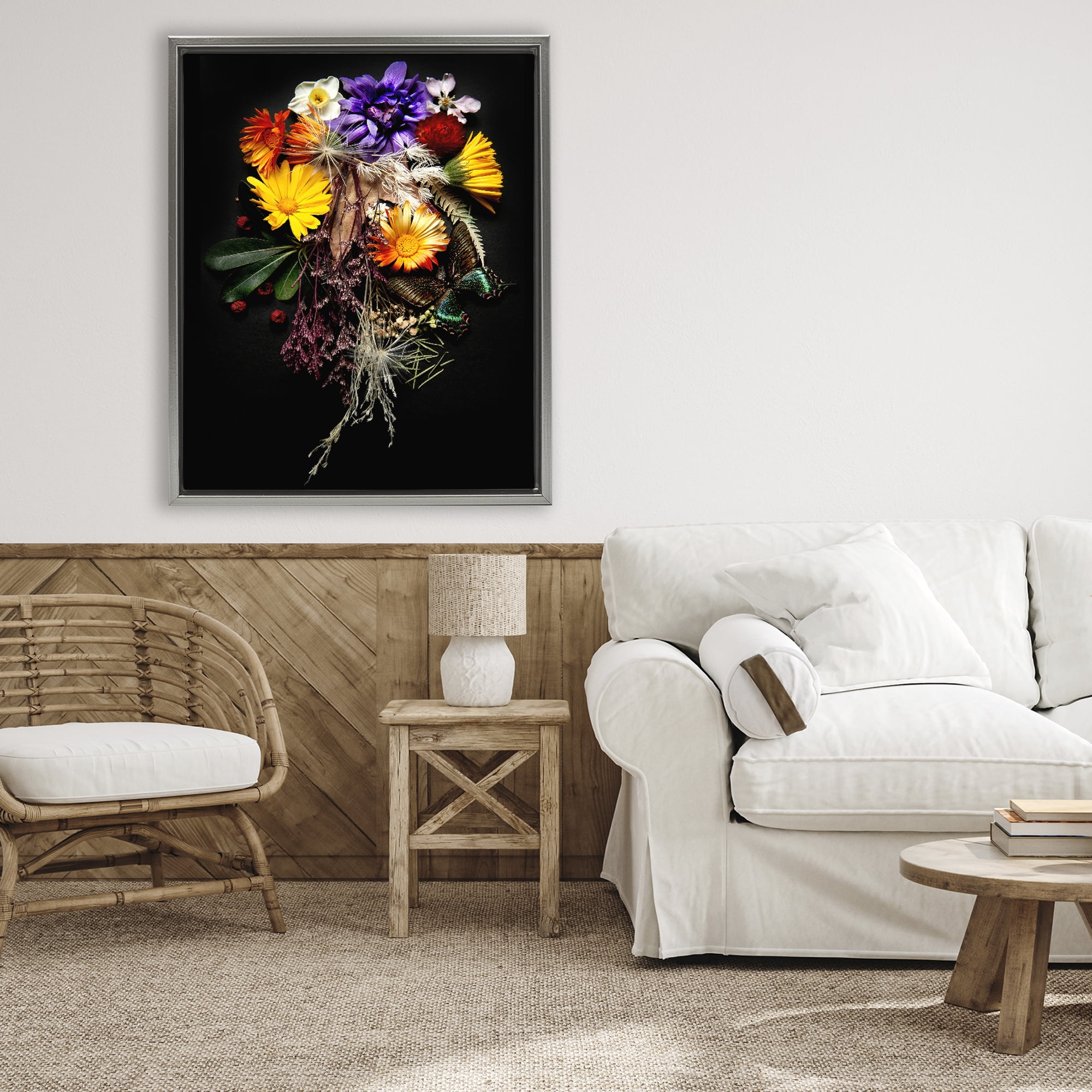 Stupell Industries Butterfly Adorned Arrangement Gray Framed Floater Canvas Wall Art, design by Carl Kravats