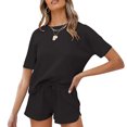 thumbnail image 1 of Conjunto de pijama de gofres de manga corta para mujer, top de salón y pantalones cortos, chándal de 2 piezas (negro) Zhivalor BST2002915-5, 1 of 5