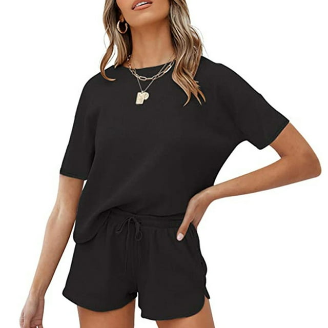 Conjunto de pijama de gofres de manga corta para mujer, top de salón y pantalones cortos, chándal de 2 piezas (negro) Zhivalor BST2002915-5