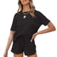 thumbnail image 1 of Conjunto de pijama de gofres de manga corta para mujer, top de salón y pantalones cortos, chándal de 2 piezas (negro) Zhivalor BST2002915-2, 1 of 5