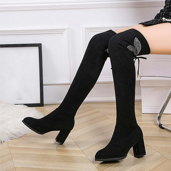 TKYCMSUAKI Boots for Women,Boots for Womens Over The Knee Patform Chunky Heel Stretch Long Fall Y2K Gogo Boots Fashion Pointed Toe Boots Low Block Heel Booties