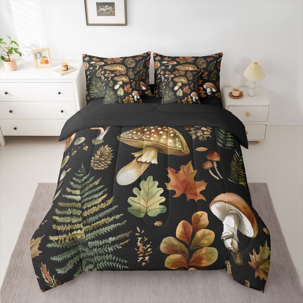 Homewish Country Fungus Mushroom 7-Piece Twin Bedding Sets,Autumn Maples Leaves Bedding Comforter Set,Rustic Plant Sheet Sets For Men Women,Super Cozy Room Decor Reversible