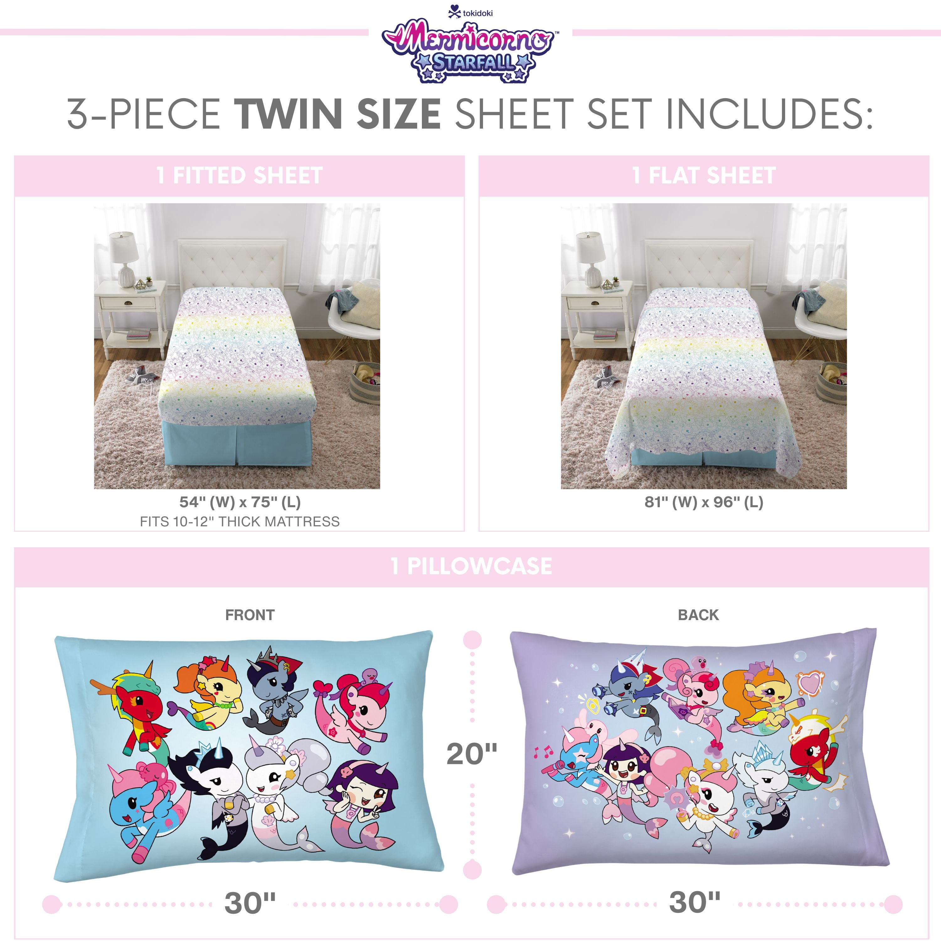Mermicorno Starfall Kids 3 Piece Rainbow Ombre Sheet Set, Twin
