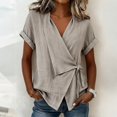 thumbnail image 2 of Linen-Blend Surplice Wrap Top for Women, Short Sleeve V-Neck Tie-Front Blouse with Rolled Cuffs - Lightweight Summer Casual Tunic Shirt Gray S, 2 of 5