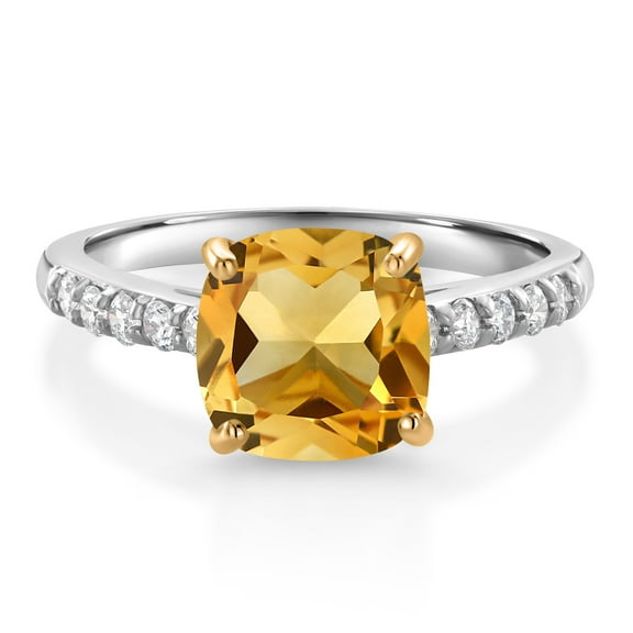 Gem Stone King 2.20 Ct Yellow Citrine G/H Lab Grown Diamond 10K White Gold Engagement Ring with Yellow Gold Prongs (Size 9)