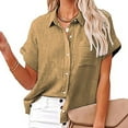 thumbnail image 4 of nerohusy Plus Size Linen Tops for Women Button Down Shirts Short Sleeve Cotton Linen Collared V Neck Solid Casual Work Gauze Blouses 2025 Khaki,XXXXL, 4 of 8