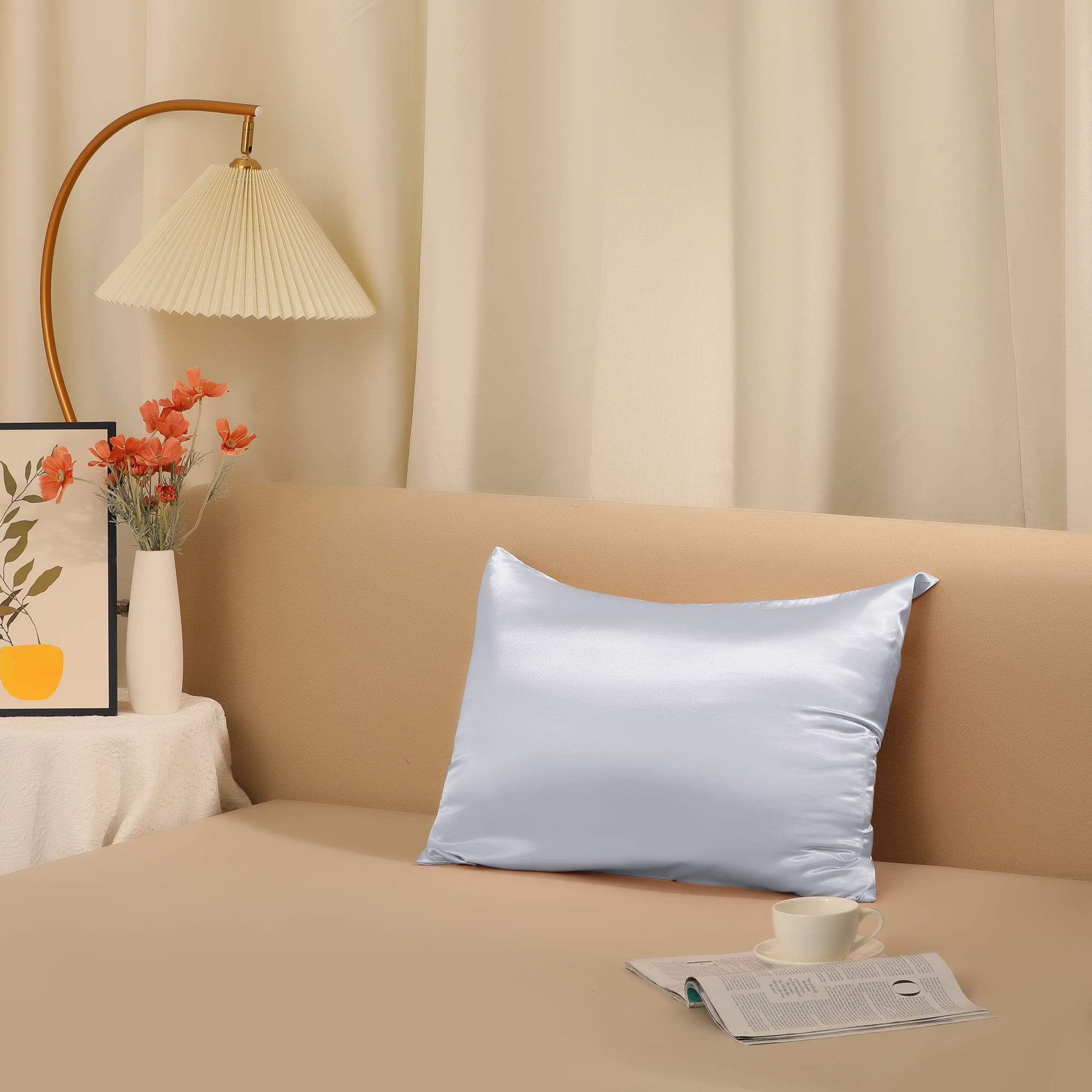 Unique Bargains Zipper Closure Satin Solid Pillowcase with Eye Mask Silver Grey Queen