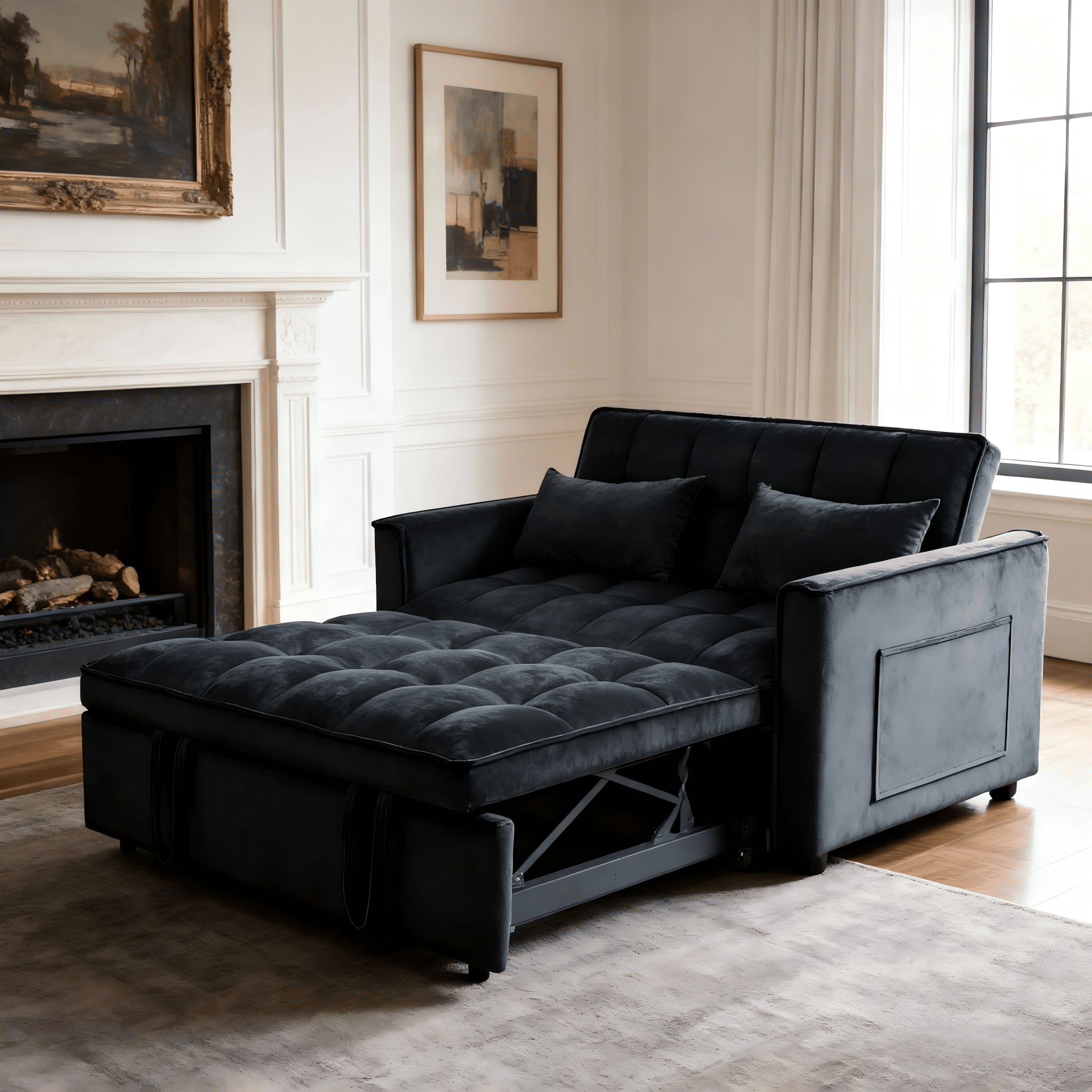 Gewnee Futon Sofa Bed - 52.75" Convertible Sleeper, 3-Mode Adjustable Back, Velvet Upholstery & Side Pockets - Small Space Use (Black)