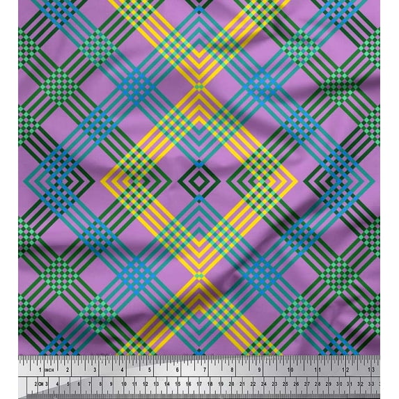 Soimoi Polyester Crepe Fabric Window Pane Check Printed Fabric 1 Yard 42 Inch Wide