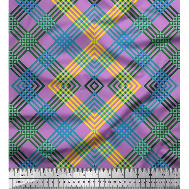 Soimoi Polyester Crepe Fabric Window Pane Check Print Fabric by The Yard 52 Inch Wide