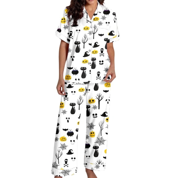 Weebloom Halloween Women'S Summer Pajamas Cat Print Pajama Sets Silk Satin Short Sleeve Button Up Tops And Shorts Stylish Autumn Winter Sleepwear Nightwear Pjs Loungewear White L
