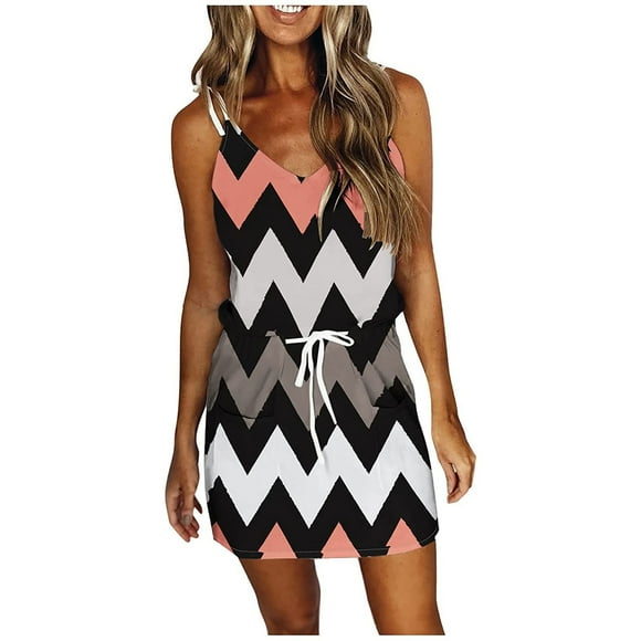 yoeyez Summer Dresses for Women 2024 Women Summer Dresses with Pockets Striped T Shirt Dress Sleeveless Drawstring Dress Casual Tie Waist Sundress Best Clearance Deals Today