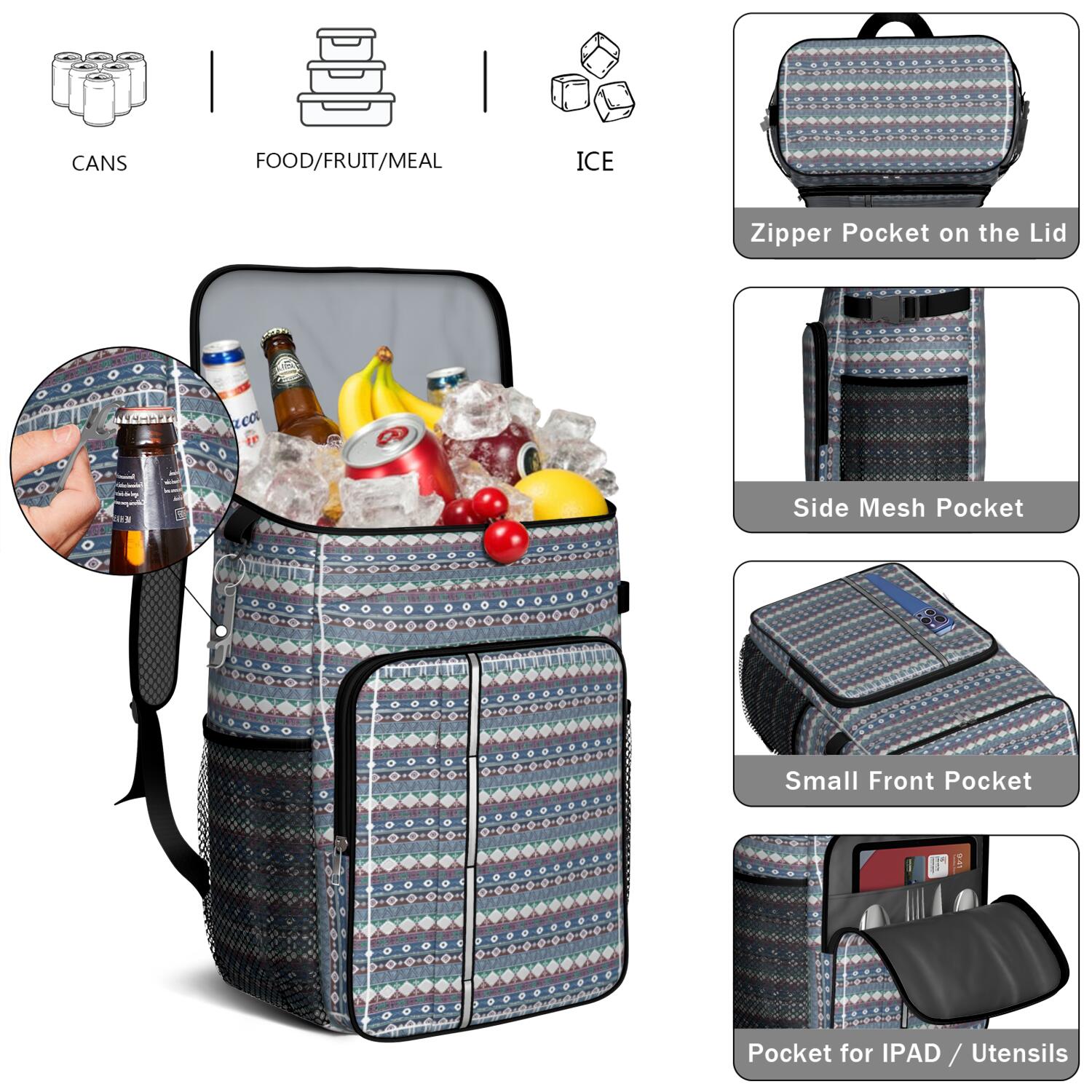 Travel Cooler Bag - Boho Bohemia Pioneer Flower Geometric Line Art Camping Beer Cooler Backpack with Bottle Opener- Waterproof Insulated Picnic Backpacks - Cooler Bag for Beach