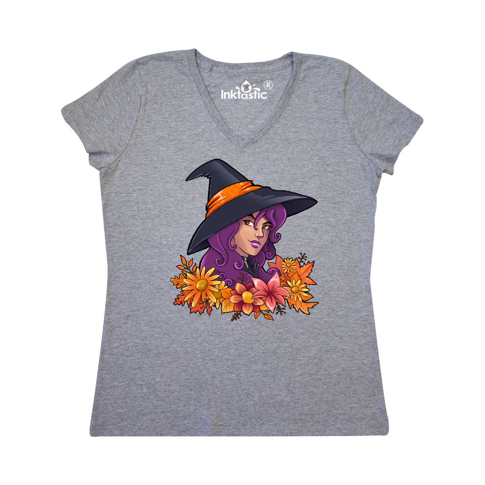 INKtastic - Witch with Autumn Flowers and Leaves Women's V-Neck T-Shirt - Walmart.com - Walmart.com