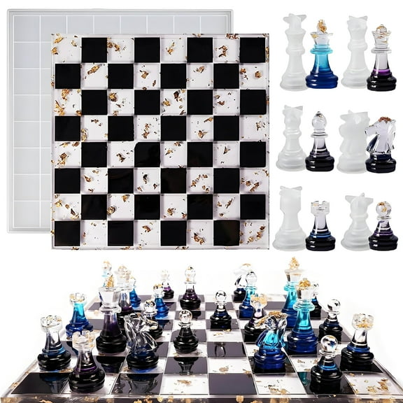 Chess Board Pieces Silicone Resin Mold,6PC 3D International Chess Piece w/ Board