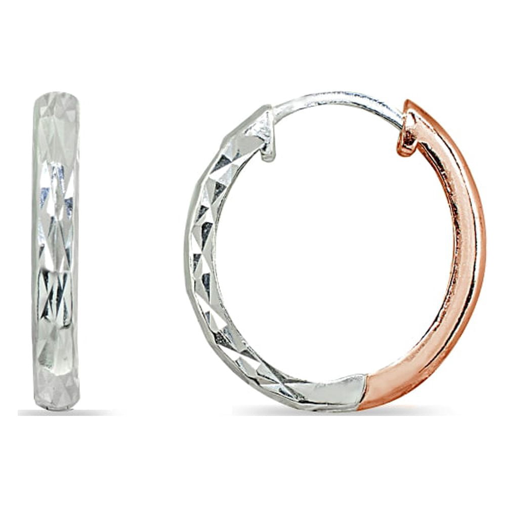 16mm Sterling Silver & Rose Polished & Diamond-Cut Oval Reversible Hoop Earrings