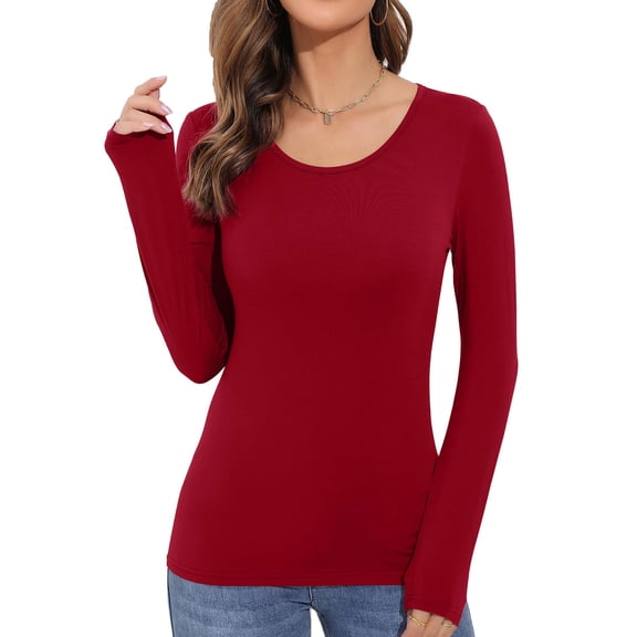 Women's Long-Sleeved Round Neck Rayon Slim Fit Stretch Base Layer T-Shirt Top