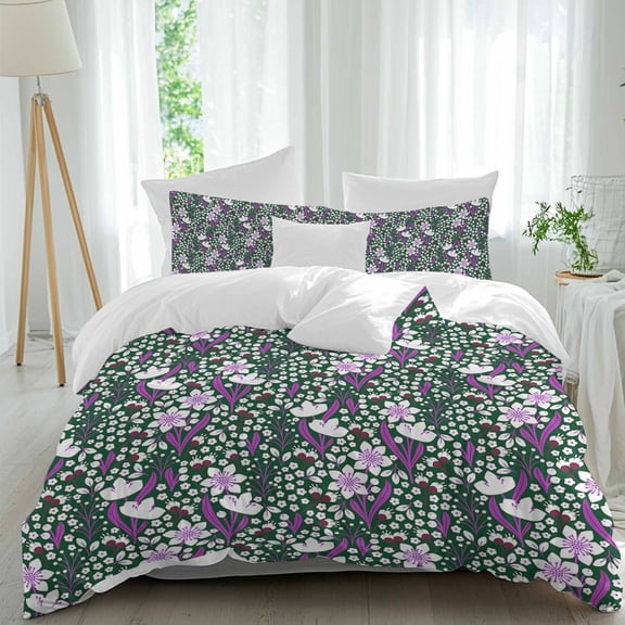 3 Piece Purple Green Flowers Duvet Cover Set Twin Size, Microfiber Comforter/Quilt Cover with Corner Ties and 2 Pillowcases, Watercolor Pastoral Botanical All Season Soft Bedding with Zipper Closure