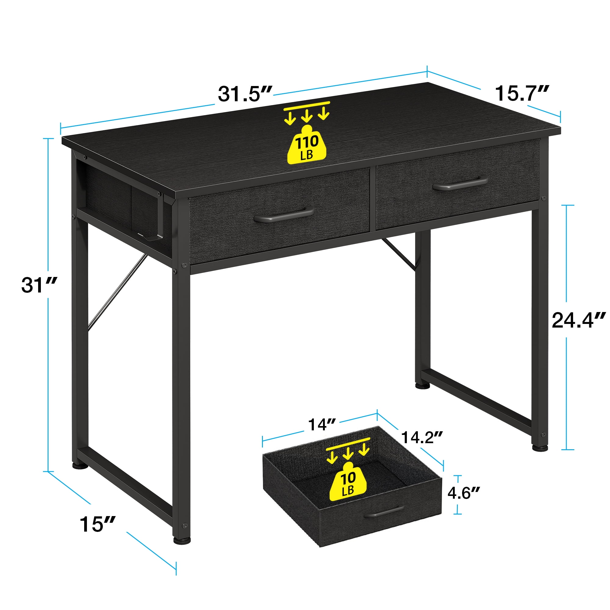 Casacomoda 32 Inch Writing Desk with Fabric Drawers, Modern Study Table with Storage for Student/Kids, Small Computer Desk for Small Space, Home Office Desk, Black