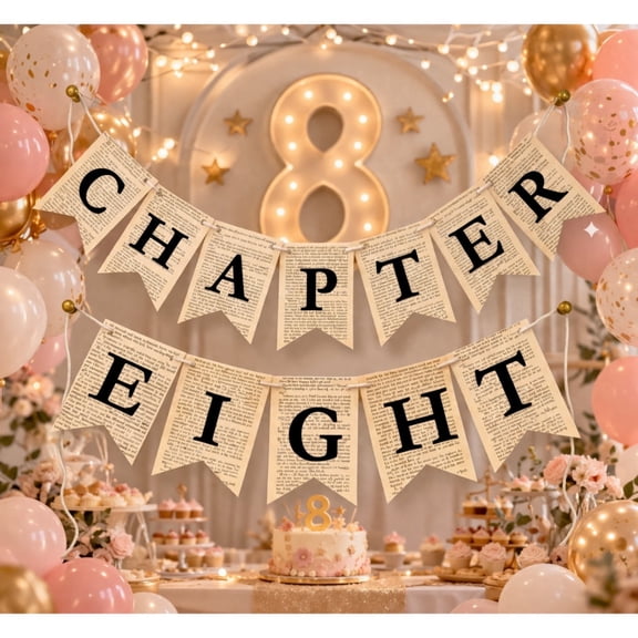 Crafter King Chapter Eight Birthday Banner, Vintage Book Theme 8th Birthday Party Decoration, Pre Strung Photo Backdrop with 3 Bookmarks