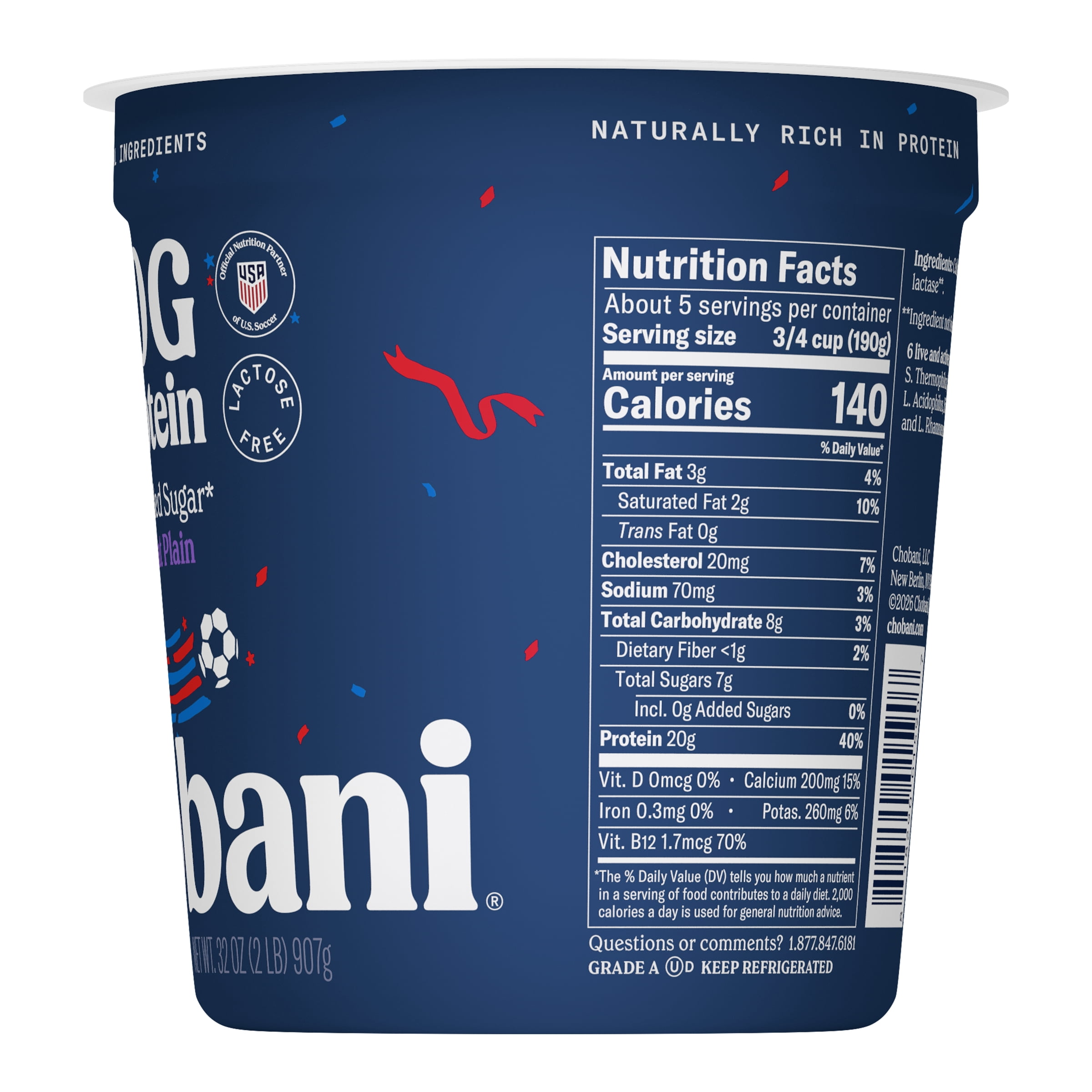 Chobani 20G Protein Low-Fat Greek Yogurt Plain 32 oz Tub