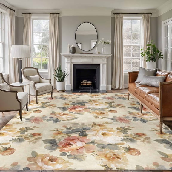White Pink Beige Peony Area Rugs 5'x7', Small Throw Rugs for Laundry Room Playroom, Farmhouse Vintage Floral Botanical Indoor Outdoor Rug Non-Slip Low Pile Carpet Runner Reversible Floor Mats