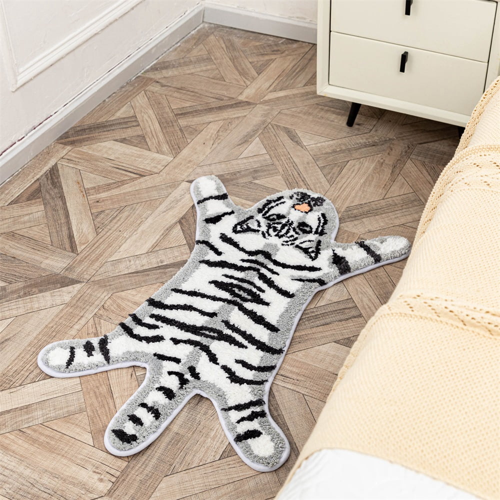 yingda1992 Tiger Bath Mat for Bathroom Cute White Tiger Cartoon Non Slip Animal Shaped Absorbent Bathtub Bathroom Plush Shower Rugs 25.6x38.6in