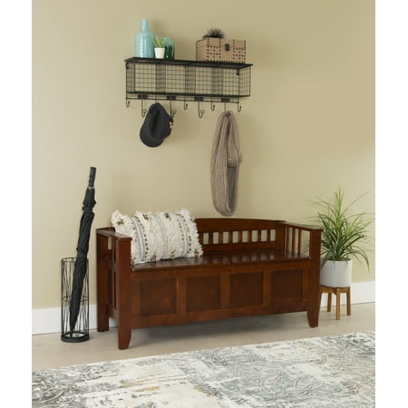 Linon Brandt Rubberwood Split Seat Slatted Back Storage Bench in Walnut Brown